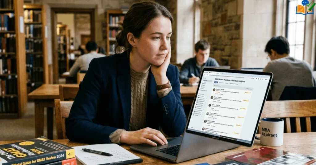 Student reading GMAT forum reviews