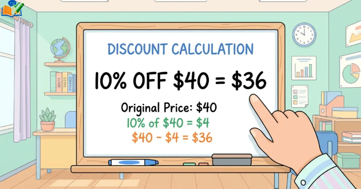 Whiteboard showing 10% off $40 equals $36