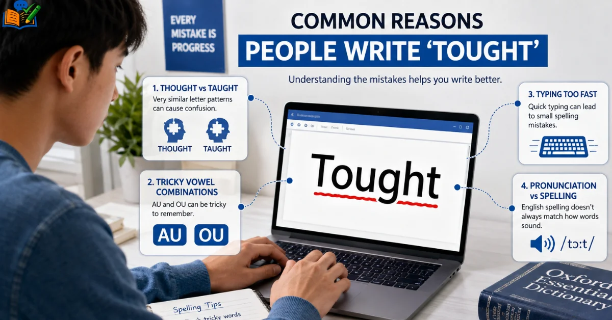 Student typing “Tought” on a laptop with a red spell-check underline,