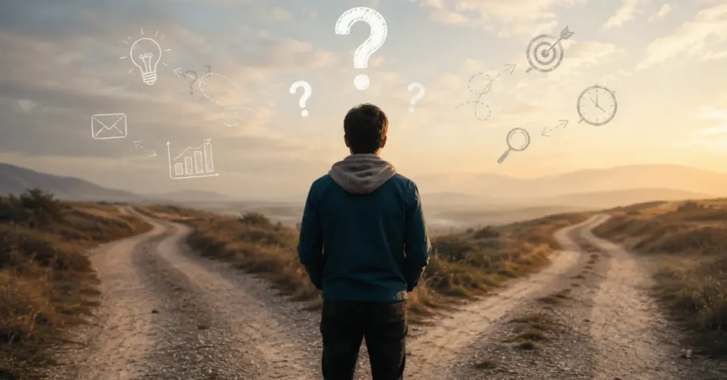 Person standing at a crossroads surrounded by decision icons representing uncertainty