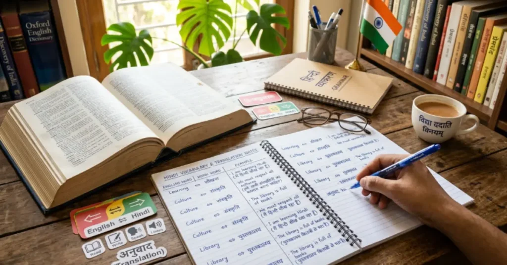 English dictionary with Hindi vocabulary notebook and bilingual language learning materials