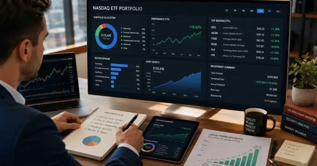 Investor planning a diversified ETF portfolio using allocation charts and long-term investment planning tools.