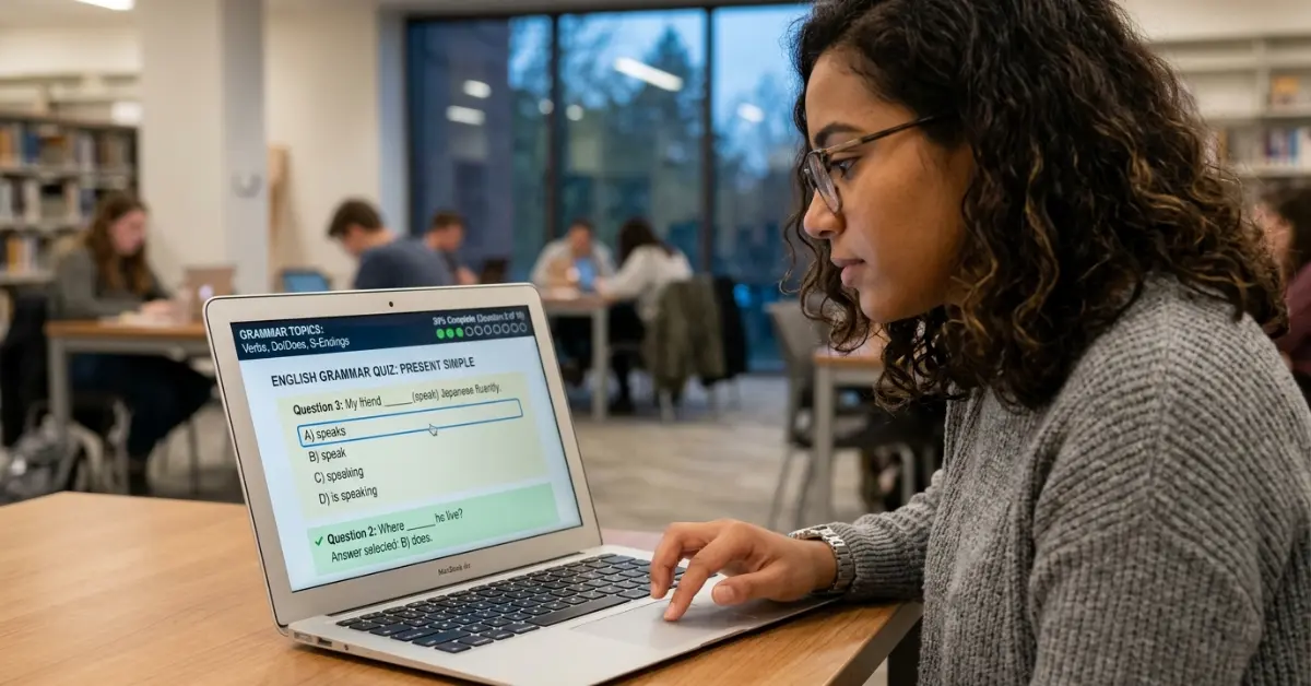 Student completing a multiple-choice grammar test online