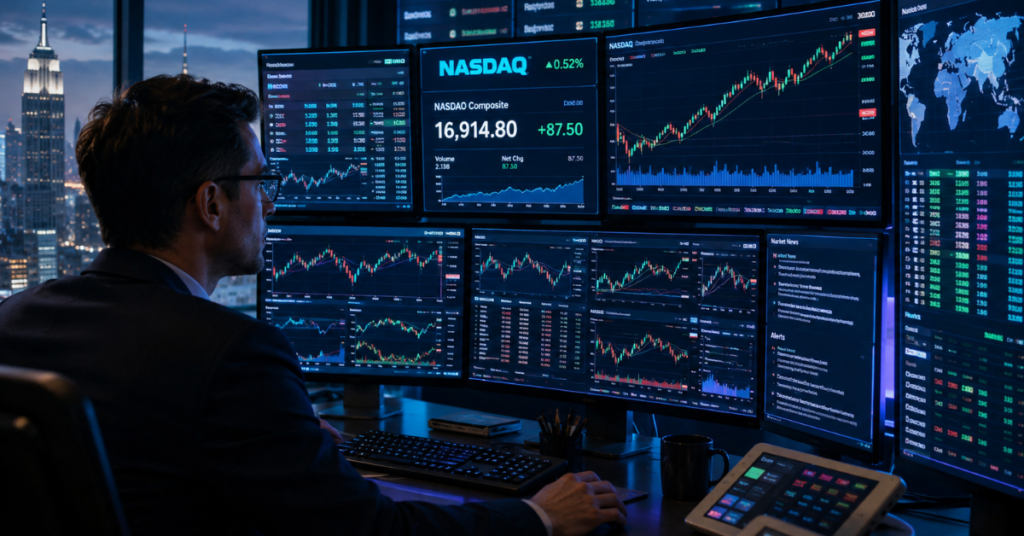 Stock trader monitoring live market movements, price charts, alerts, and financial news on multiple monitors.