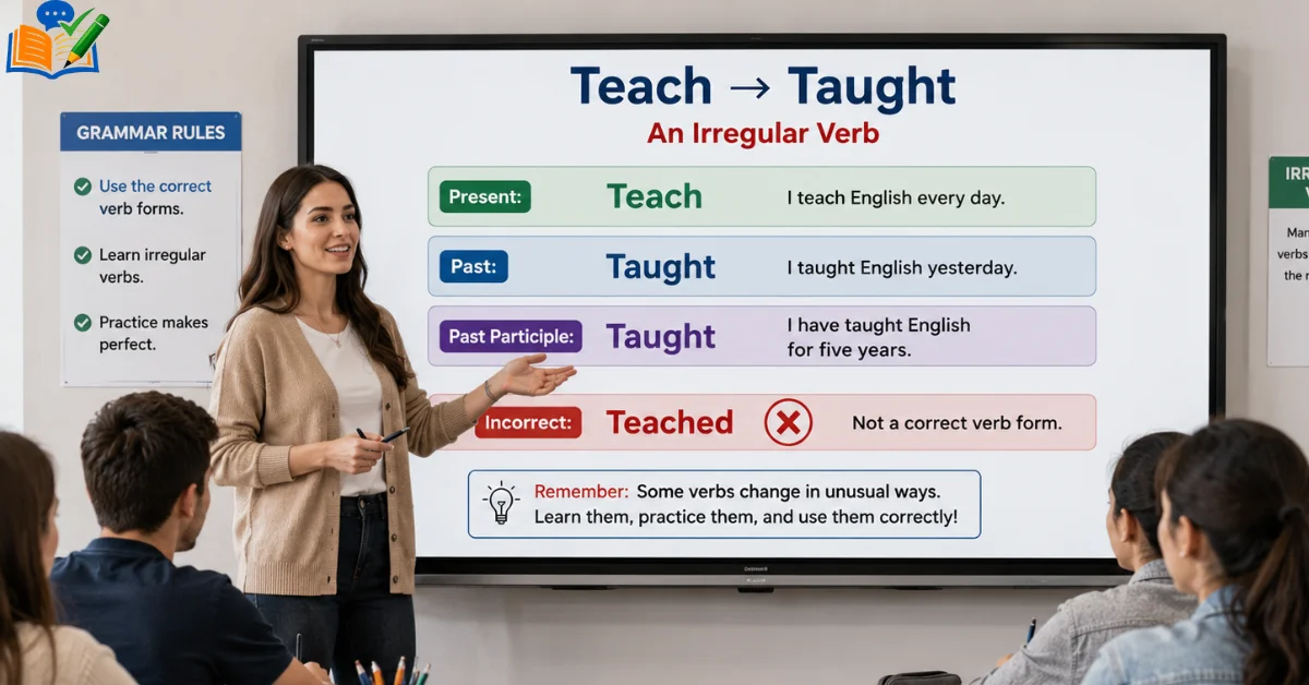 Teacher explaining Teach → Taught as an irregular English verb.