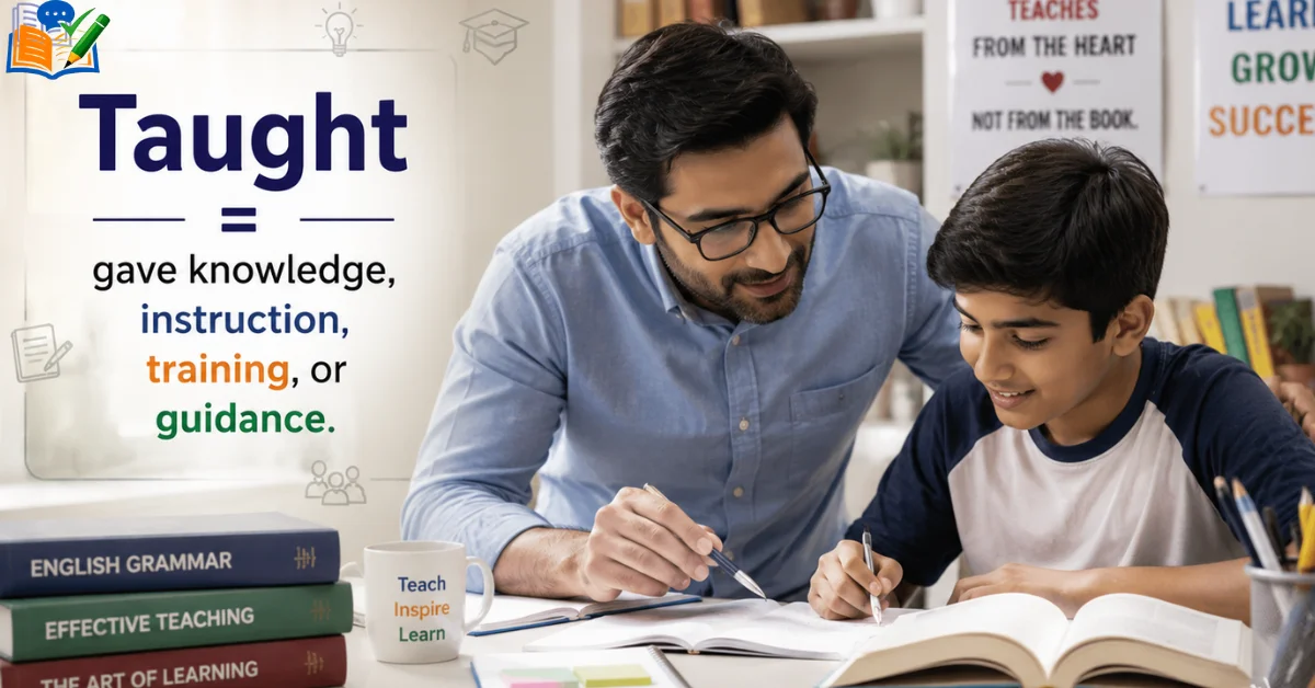 Teacher helping a student learn, illustrating the meaning of “taught.”