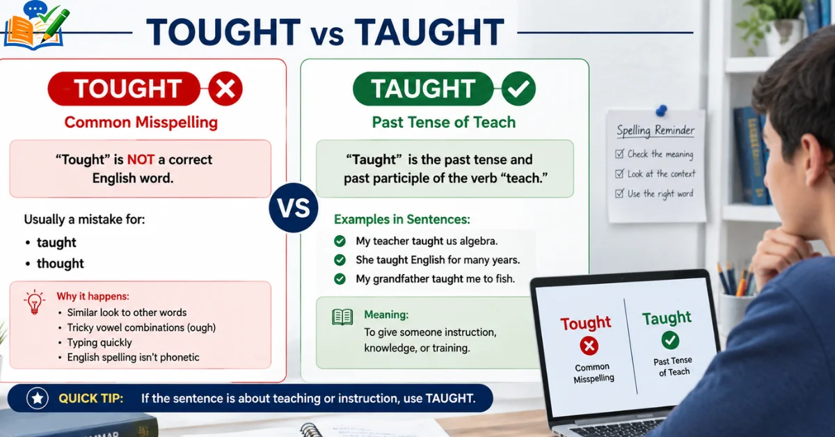 Infographic comparing “Tought” and “Taught” with grammar examples.